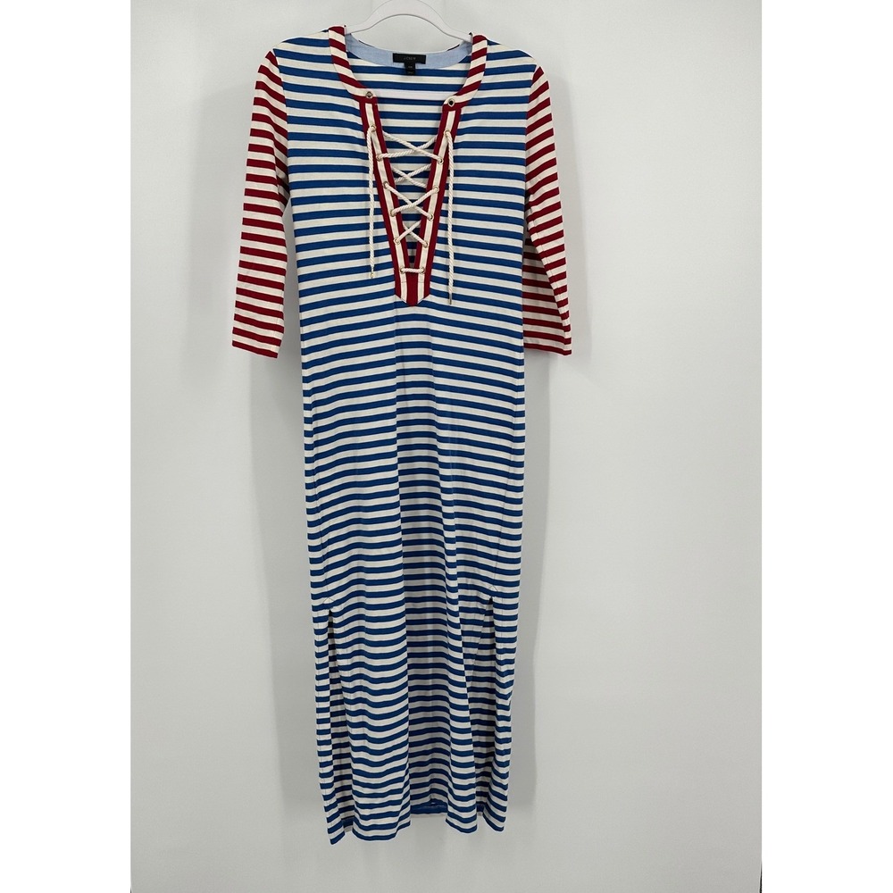 J Crew Women Preppy Nautical Striped Lace Up Maxi Dress Sz XXS Striped Americana